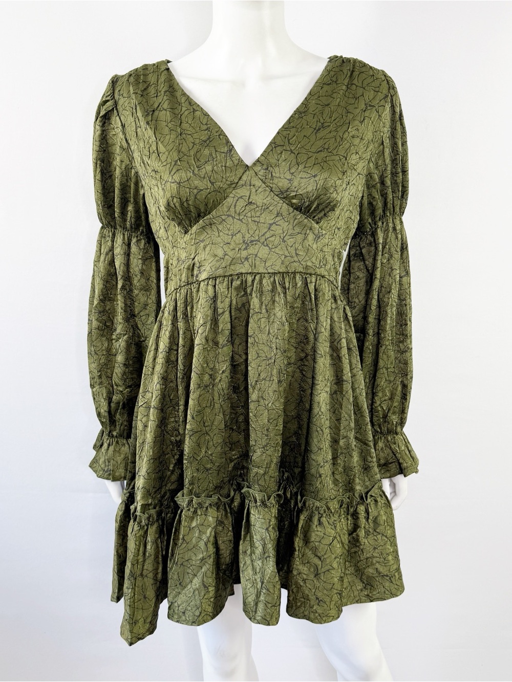 Disturbia Arda Virago Green V-Neck Mini Dress Size 4 Goth Puff Sleeve Ruffle NEW